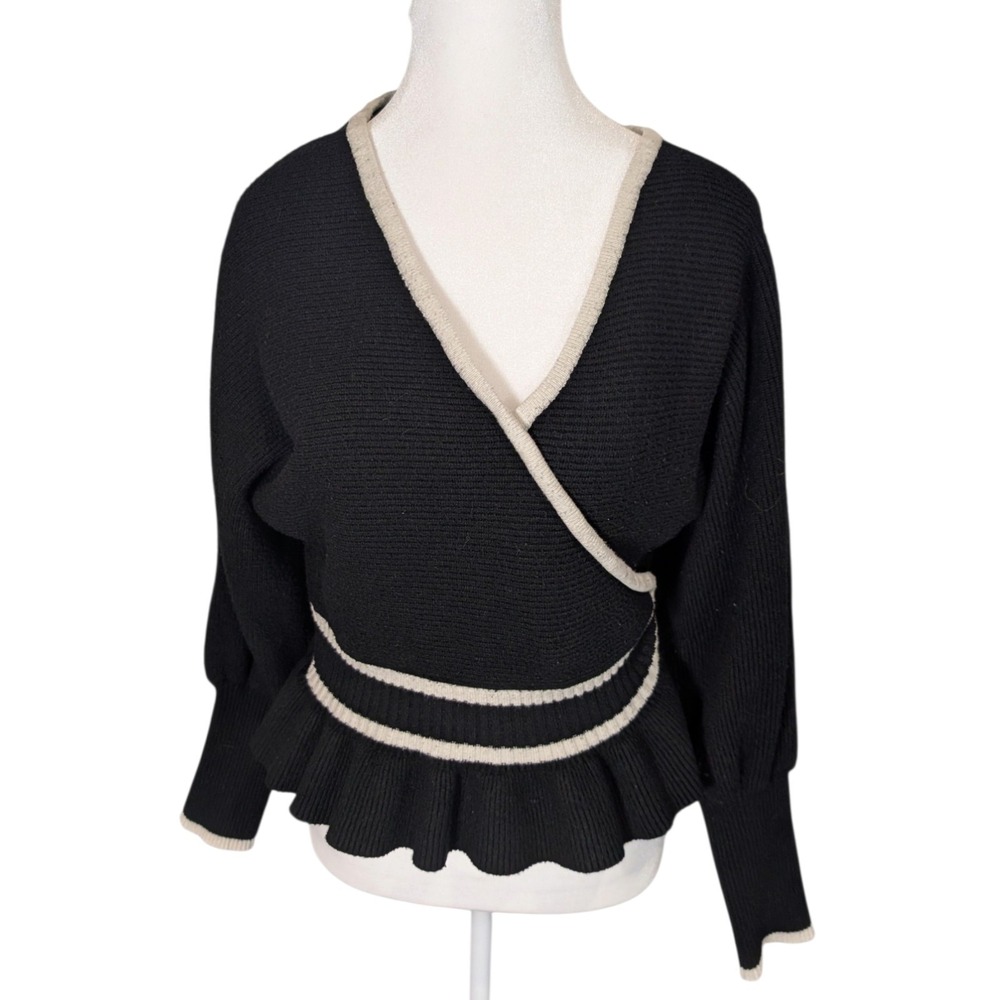 Express Black Cream Wrap Peplum Sweater V-Neck Ribbed Knit Balloon Sleeve Size M